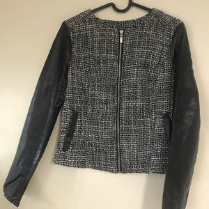 Tweed and faux leather moto jacket